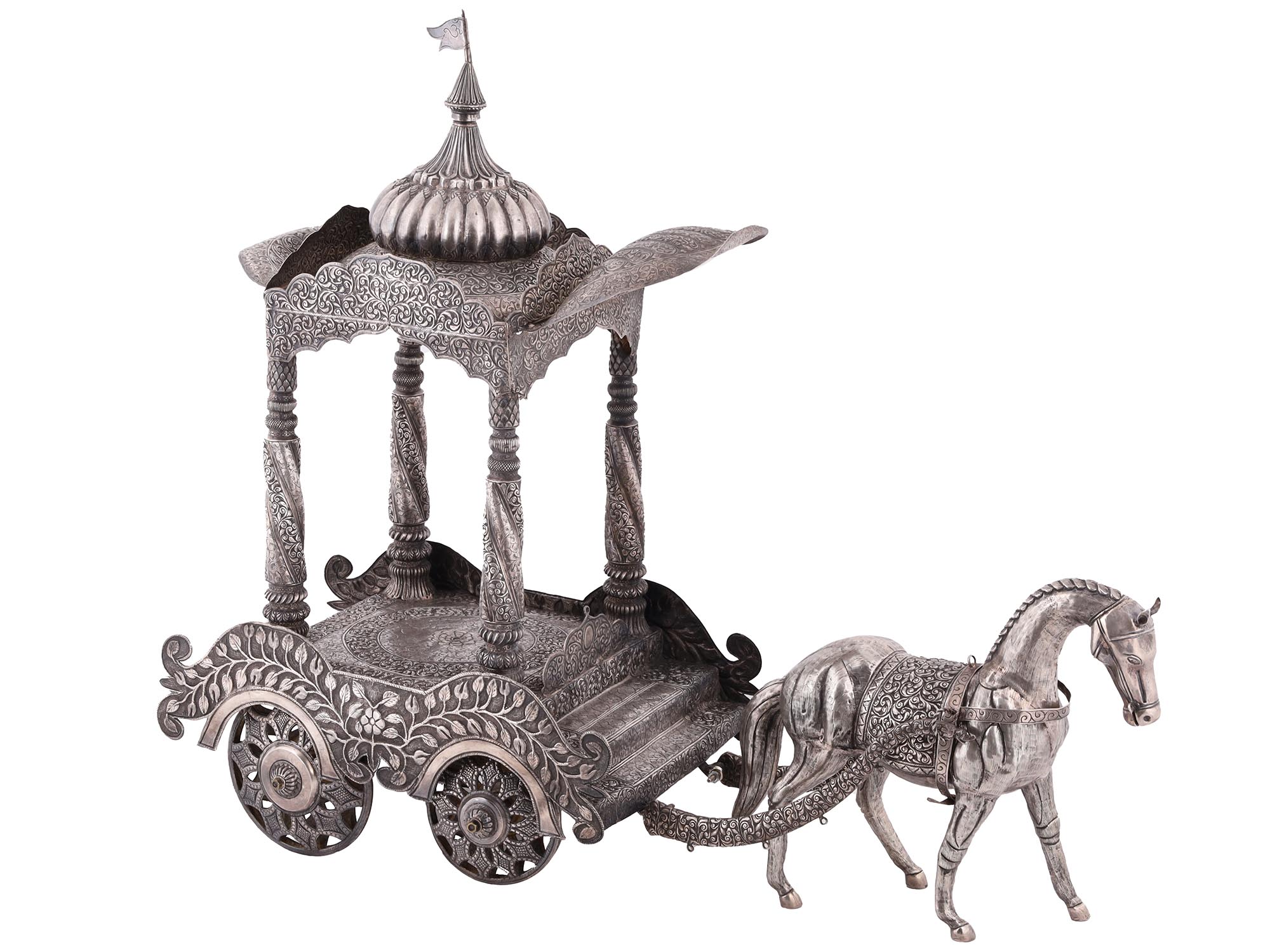 ANTIQUE INDIAN SILVER REPOUSSE HORSE CARRIAGE PIC-1